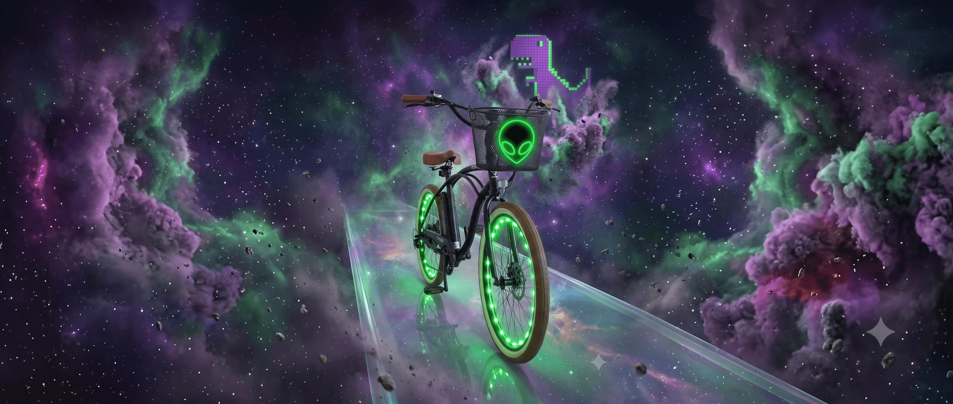 A neon-lit electric beach cruiser drifting through a cosmic playa